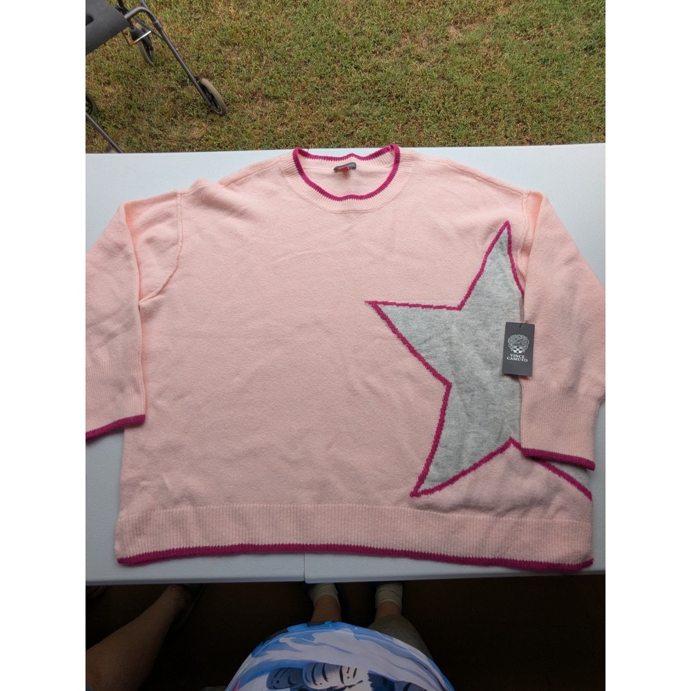 Vince Camuto Sweater Women 2X Pink New Star Graphic Intarsia Knit Pullover